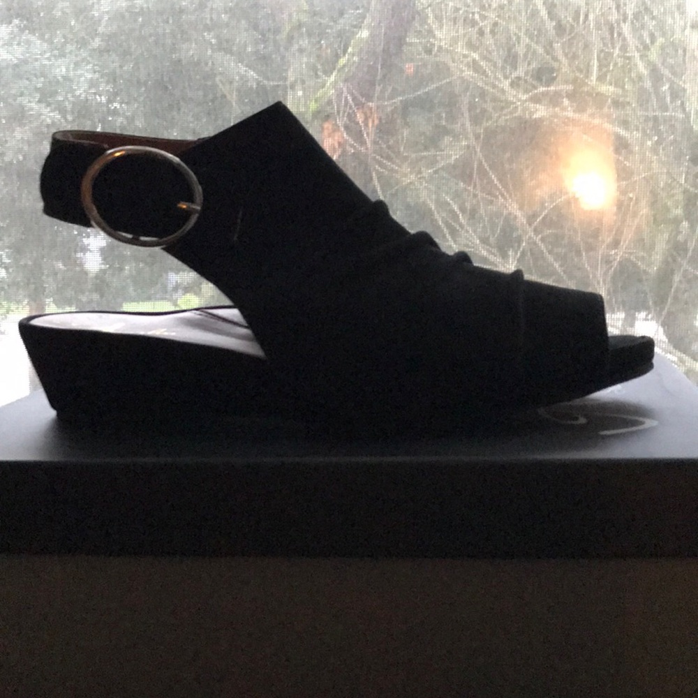 Black suede ankle strap peep toe slides